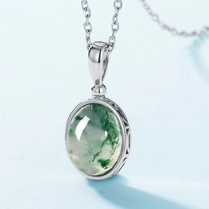 Natural green moss agate pendant necklace with S925 silver plating and elegant hollow design