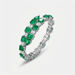Luxury 925 Sterling Silver Bangle For Women Full Set Synthetic Emerald White Rhinestone Heavy Industry Open Bracelet Jewelry