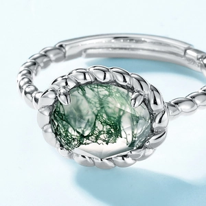 S925 Sterling Silber Ring mit gedrehtem Band und ovalem Moosachat Edelstein für Damen