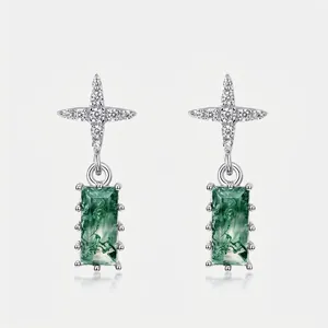Boucles d'Oreilles Pendantes en Argent Sterling 925 Agate Mousse pour Femmes Pierre Verte Rectangulaire Croix Étoile Zirconia