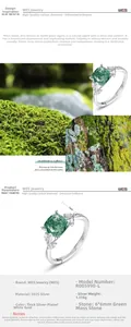 Detailed size specifications for S925 silver ring featuring 6x6mm green moss agate stone