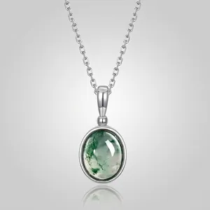 Vintage 925 Sterling Silver Moss Agate Pendant For Women Natural Water Grass Agate Oval Gemstone Elegant Jewelry Pendant Gift