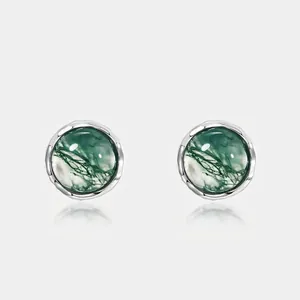 Boucles d'Oreilles Clous en Argent Sterling 925 Agate Mousse Femme Martelées Rondes Pierre Naturelle Verte Bijoux