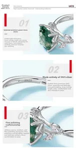 Detailed macro view of S925 sterling silver ring with natural green moss agate and zircons