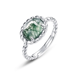 S925 Sterlingsilber Ring mit ovalem Natur-Moosachat im gedrehten Seil-Design für Damen