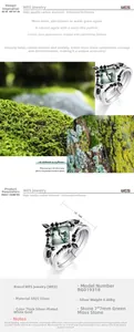 Detail view of S925 silver ring with 7x7mm square green moss agate stone and black accents