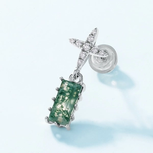 Boucles d'oreilles étoile S925 argent avec pierres d'agate mousse verte rectangulaires