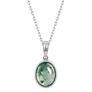 S925 silver necklace with an oval green moss agate pendant on a minimalist O-chain