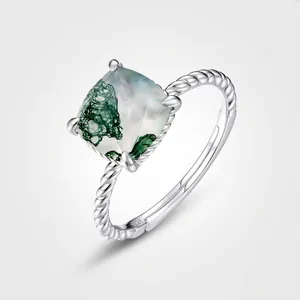 Vintage S925 Sterling Silver Moss Agate Open Ring For Women Twisted Rope Band Cushion Cut Natural Stone Adjustable Ring