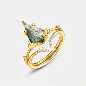 Vintage Geometric Moss Agate Ring S925 Sterling Silver Gold Plated Rhinestone Kite Shaped Green Stone Stacking Ring For Women Jewelry Gift