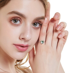 S925 silver twist band ring featuring a square natural green moss agate stone for women