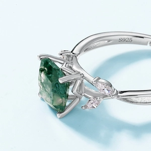 S925 silver olive branch ring with hexagonal moss agate and marquise zirconia