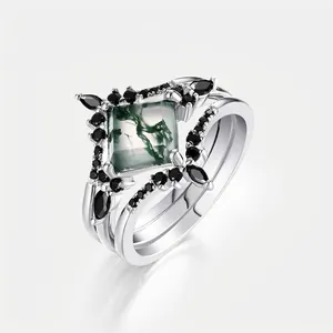 Vintage 925 Sterling Silver Ring Set Natural Green Moss Agate Geometric Stacking Rings Black Rhinestone Jewelry For Women
