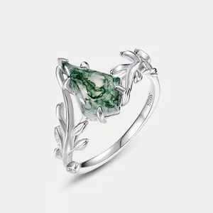 925 Sterling Silver Olive Branch Ring Kite Cut Green Moss Agate Vintage Nature Leaf Adjustable Geometric Finger Ring For Women