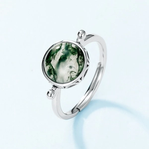 Anello aperto in argento S925 con una pietra naturale di agata muschiata verde