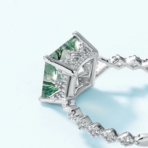 Vintage S925 silver open ring with square moss agate in a crown setting design