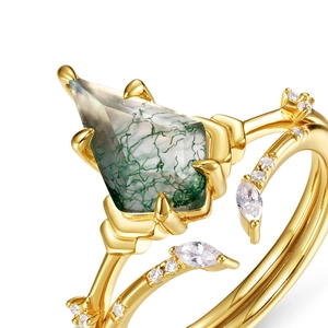 Kite-shaped moss agate 18K gold plated ring with marquise cz leaf accents