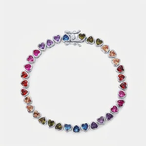 Bracelet en Argent Sterling S925 Cœur Arc-en-Ciel Zirconia pour Femmes Élégant Bijoux de Main Sertis de Pierres Colorées