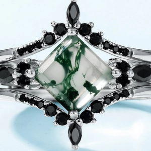 S925 silver geometric ring with square moss agate and black gemstones in macro view