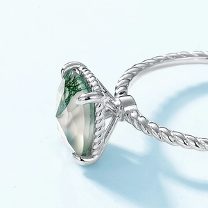 Vintage S925 silver ring with faceted green moss agate and twisted rope texture band