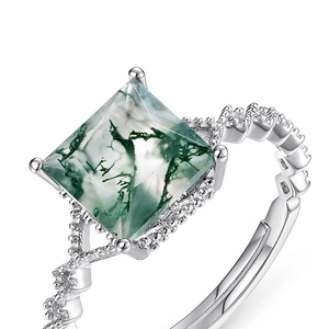 S925 sterling silver geometric ring with square natural moss agate and sparkling stones