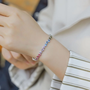 Bracelet en argent S925 avec zircons cœur arc-en-ciel et pierres précieuses colorées
