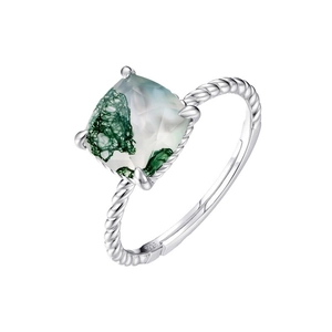 Square moss agate ring in S925 sterling silver with a vintage twisted rope open band