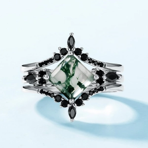 Three-piece stackable S925 silver rings with square green moss agate and black gemstones