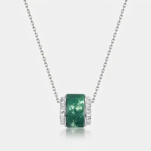 Collier Pendentif en Agate Mousse Verte Naturelle en Argent Sterling 925 Élégante Chaîne de Clavicule en Zirconia pour Femme