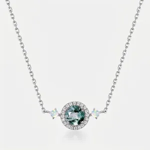 Collana con Pendente in Argento Sterling 925 Agata Muschiata Naturale Opale Girocollo Rotondo con Strass Halo per Donna