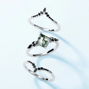 Three-piece S925 silver set with square moss agate and black zircon stackable rings