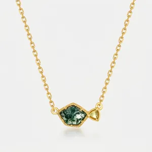 Collier Pendentif en Agate Mousse Argent Sterling 925 Femme Géométrique Irrégulier Pierre Naturelle Verte Doré Bijoux