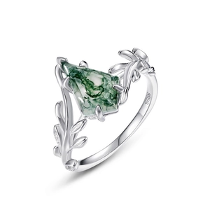 S925 silver ring featuring kite-shaped green moss agate with olive branch vine band