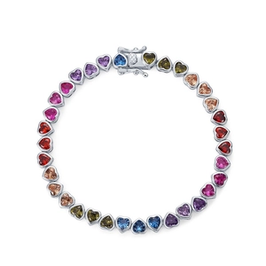 Bracelet cœurs en zircone arc-en-ciel en argent 925 sterling avec fermoir de sécurité robuste