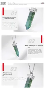 Detailed view of moss agate hexagonal pendant with S925 sterling silver floral engraved clasp