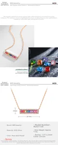 Macro detail of S925 rose gold necklace with colorful rectangular zircon stones