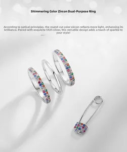 Vue macro de l'ensemble de bagues en argent S925 avec pavé de zircons arc-en-ciel
