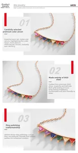 Detail of S925 silver necklace with rainbow triangular zircons in rose gold finish