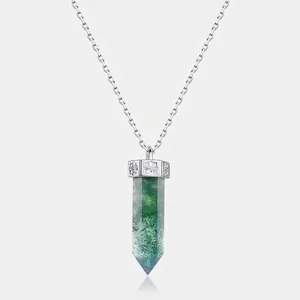 S925 Sterling Silver Moss Agate Hexagonal Prism Pendant Necklace For Women Natural Green Stone Flower Engraved Jewelry