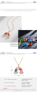 Macro detail of rainbow pendant in S925 silver with colorful zircons and rose gold plating