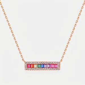 Elegant 925 Sterling Silver Rainbow Zirconia Pendant Necklace For Women Rose Gold Plated Geometric Clavicle Jewelry Gift