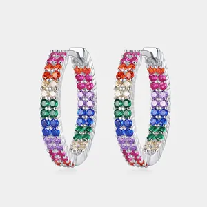 Boucles d'Oreilles Créoles en Argent Sterling 925 Zircone Arc-en-Ciel Double Rangée CZ Incrusté Géométrique Pour Femmes Bijoux