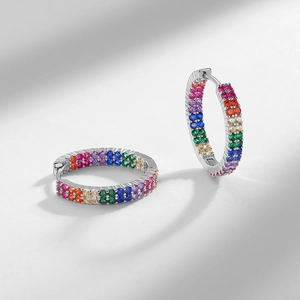 Créoles en argent S925 serties de deux rangées de zircons multicolores arc-en-ciel