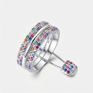 Bague Empilable Double Rangée en Argent Sterling 925 avec Zirconia Arc-en-ciel pour Femme Élégante Bague en Pierre Multicolore Électroplaquée
