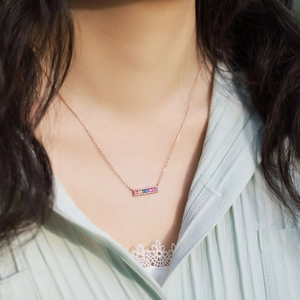 Rainbow gemstone rectangle pendant necklace in rose gold with white zircon border