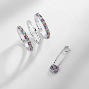 Ensemble de bagues empilables et broche en argent S925 avec zircons arc-en-ciel