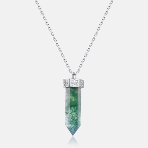Natural green moss agate hexagonal pillar pendant necklace with S925 silver engraved cap