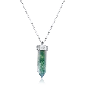 Natural hexagonal moss agate pendant necklace with vintage floral silver cap on white background