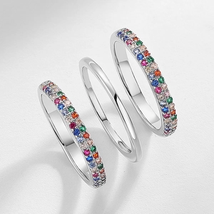 Ensemble de 3 bagues empilables en argent S925 avec zircons arc-en-ciel colorés