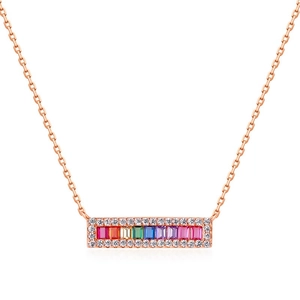 Rainbow gemstone pendant necklace in rose gold plating with rectangle cut crystals